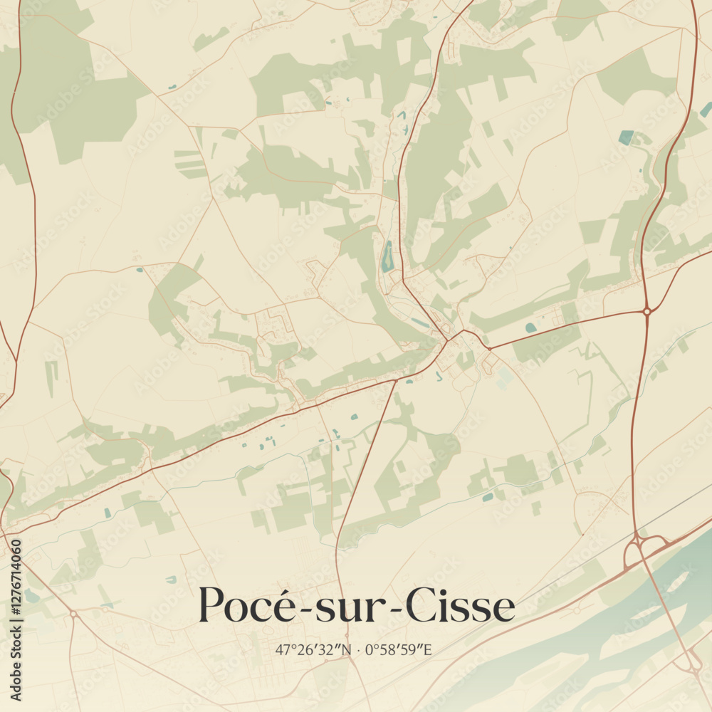 Fototapeta premium Vintage map of Pocé-sur-Cisse, France.