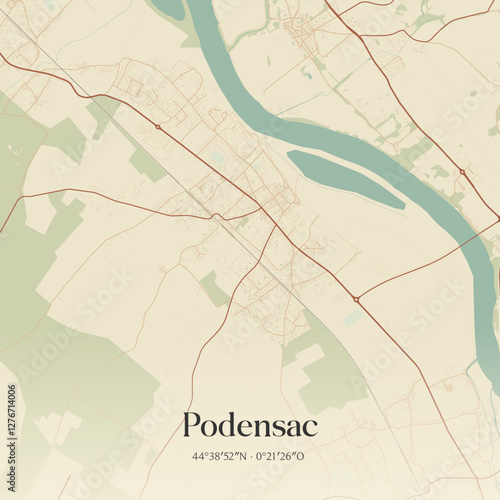 Vintage map of Podensac, France.