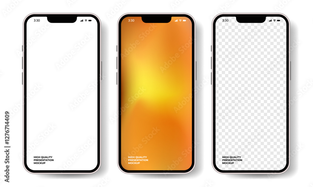 Three phone mockup design isolated on white background.