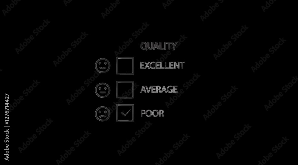 Glowing Poor Quality with Emoji or Emoticon Evaluation or Review Square Check List animation on black color background. Glowing Poor Quality with Emoji or Emoticon Evaluation or Review Square Check List animation on black color background.