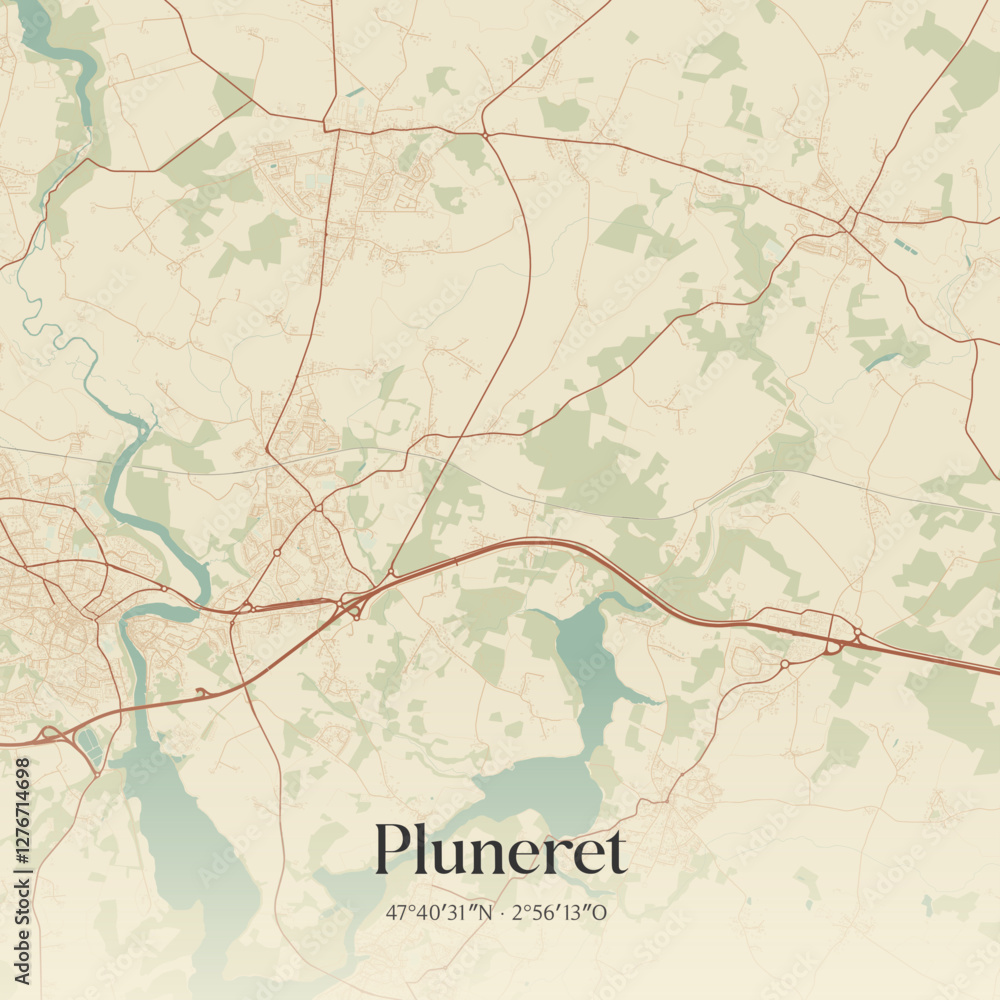 Fototapeta premium Vintage map of Pluneret, France.
