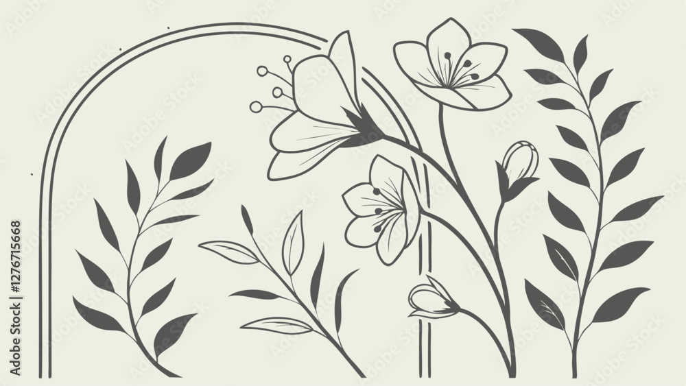 Botanical illustration, delicate floral sketch, circular composition, simple line drawing, wildflowers and leaves, minimalist design, vintage botanical print style, black and white artwork, 