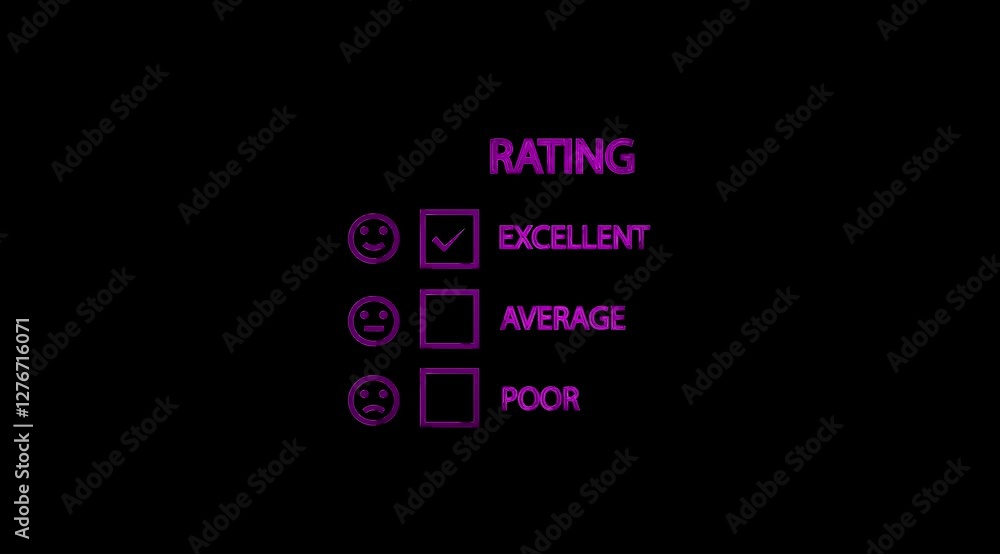 Glowing Excellent Rating Emoji Evaluation or Review Square Check List Animation on black color background.
