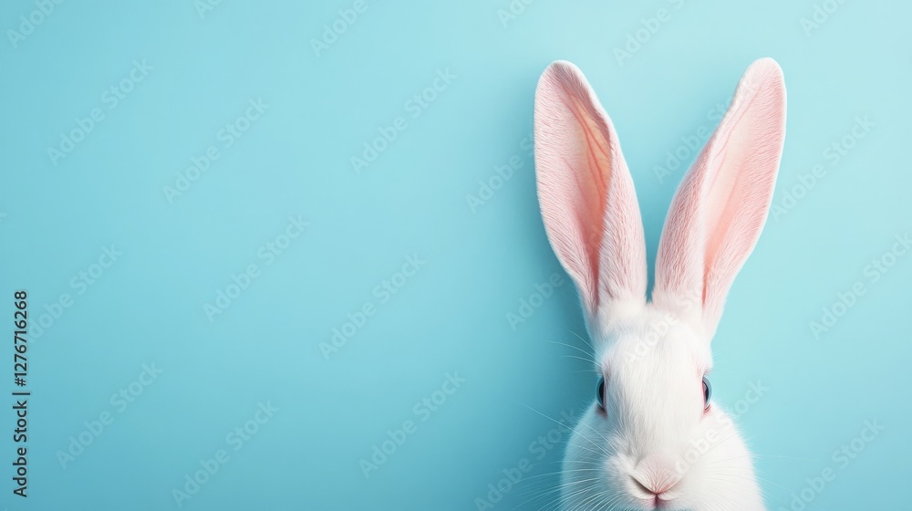 Obraz premium White rabbit ears against a pastel blue background for Easter. 