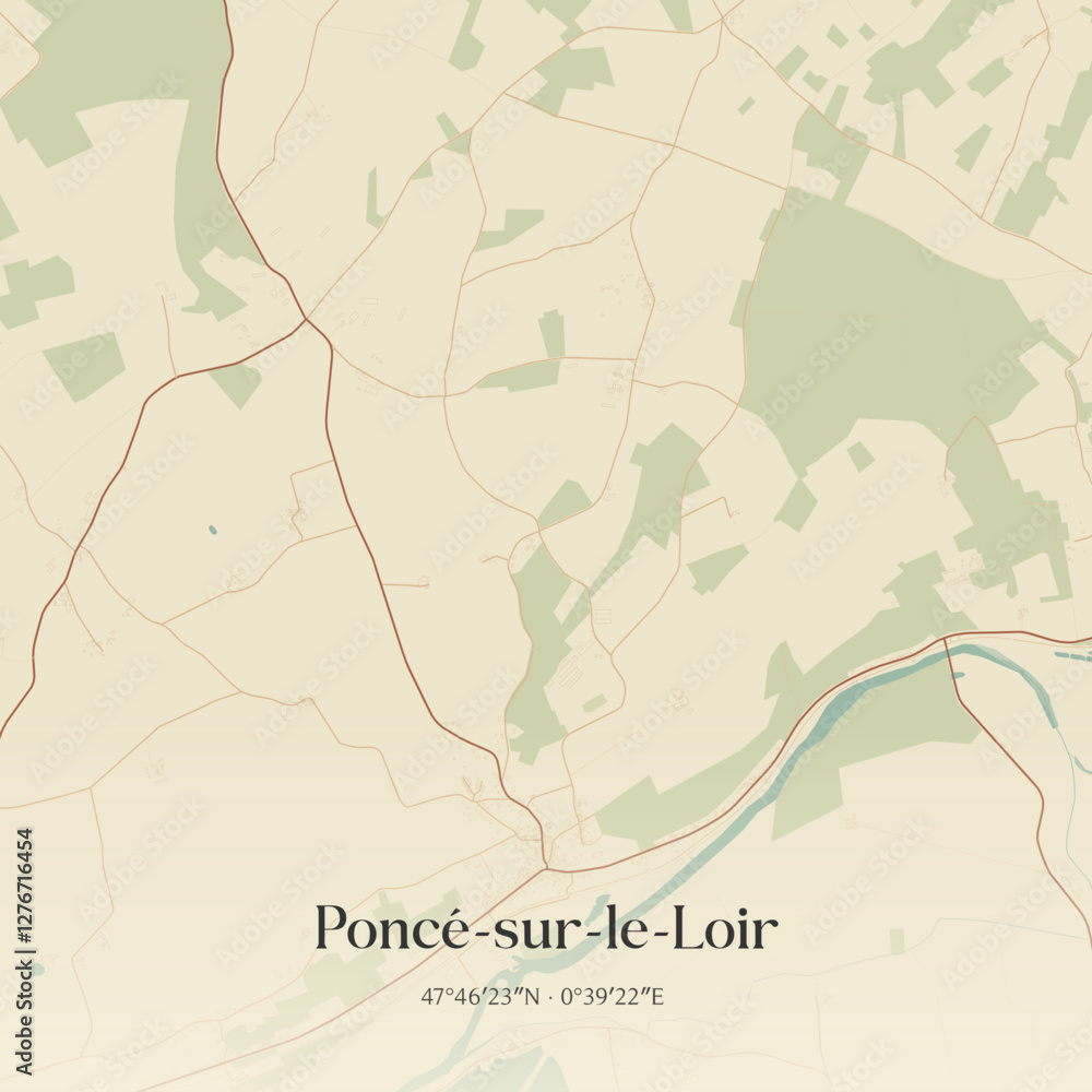 Fototapeta premium Vintage map of Poncé-sur-le-Loir, France.