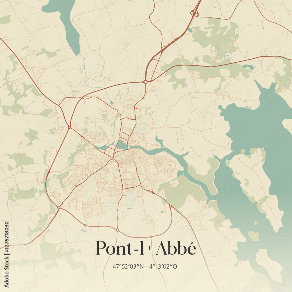Fototapeta premium Vintage map of Pont-l'Abbé, France.