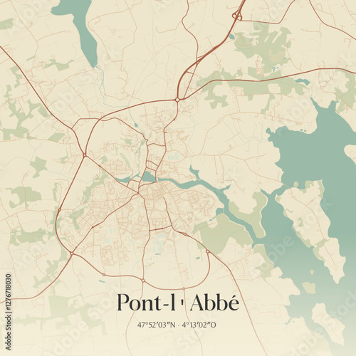 Vintage map of Pont-l'Abbé, France.