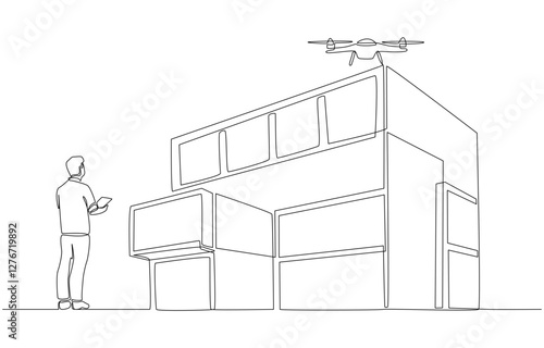 Continuous one line drawing of home inspection employee using drone to inspect house of customer, home inspection concept, single line art