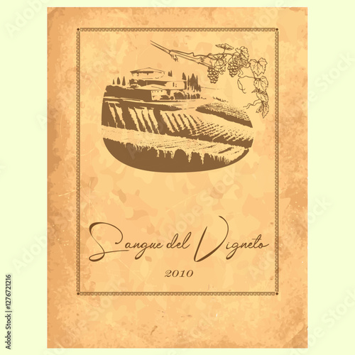 Retro style wine label featuring a vineyard, estate and vines. Warm colors, elegant font and vintage frame highlight the tradition and sophistication of the wine.
