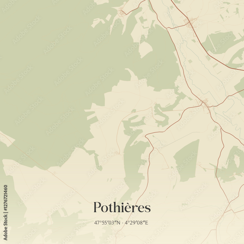 Fototapeta premium Vintage map of Pothières, France.