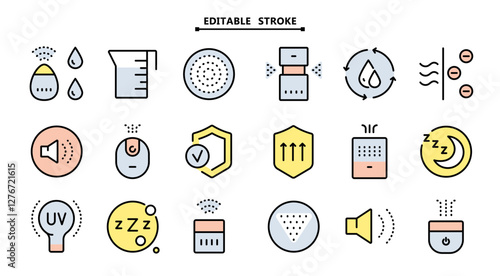 Air purifier and humidifier machine icon sets. Editable stroke. Home device for air purification filtering. Electronic devices. Home climate. Moisture content. Simple Air Humidifier icon