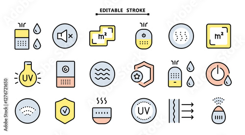 Air purifier and humidifier machine icon sets. Editable stroke. Home device for air purification filtering. Electronic devices. Home climate. Moisture content. Simple Air Humidifier icon