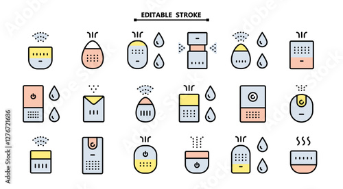 Air purifier and humidifier machine icon sets. Editable stroke. Home device for air purification filtering. Electronic devices. Home climate. Moisture content