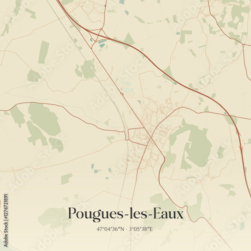 Vintage map of Pougues-les-Eaux, France.