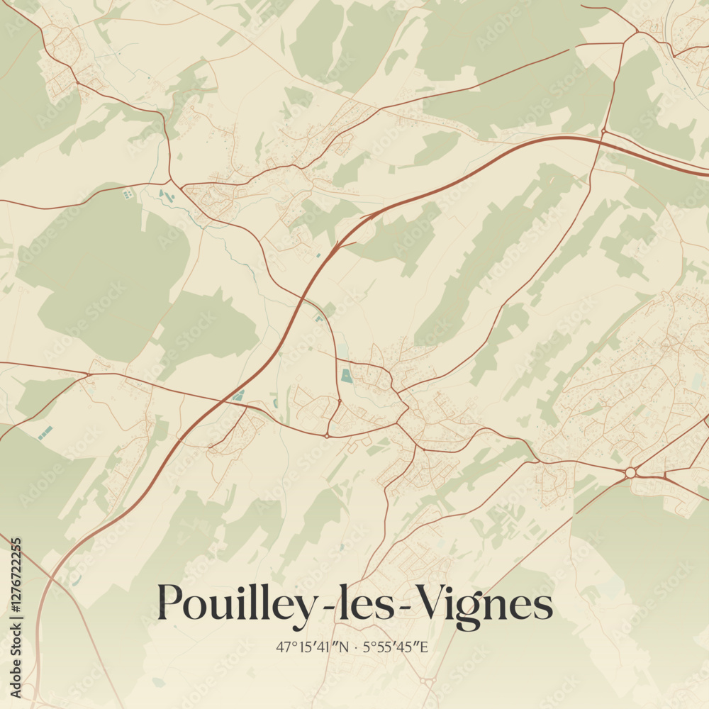 Fototapeta premium Vintage map of Pouilley-les-Vignes, France.