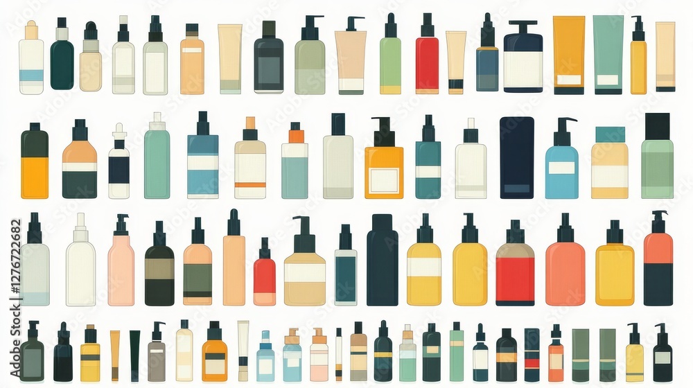 A collection of flat icon illustrations showcasing different types of skincare packaging, such as bottles for makeup, serum, cream, lotion, shampoo, conditioner, scrub, body wash, facial soap A collection of flat icon illustrations showcasing different types of skincare packaging, such as bottles for makeup, serum, cream, lotion, shampoo, conditioner, scrub, body wash, facial soap