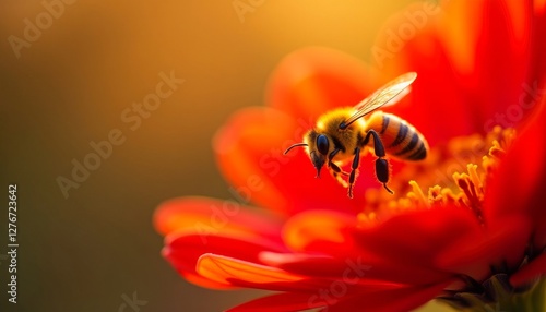 A honeybee diligently gathers nectar from a vibrant red flower, illustrating the vital pollination process in a sunlit garden setting.