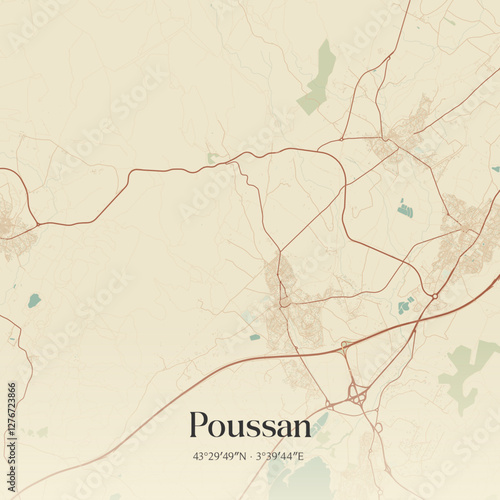 Vintage map of Poussan, France.