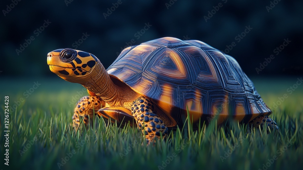 Obraz premium A tortoise with a yellow shell and black stripes is standing on a rocky surface, looking to the right