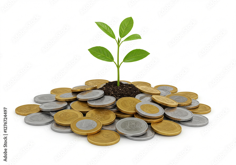 A vibrant plant sprouting from a pile of diverse coins, symbolizing financial growth and return A vibrant plant sprouting from a pile of diverse coins, symbolizing financial growth and return