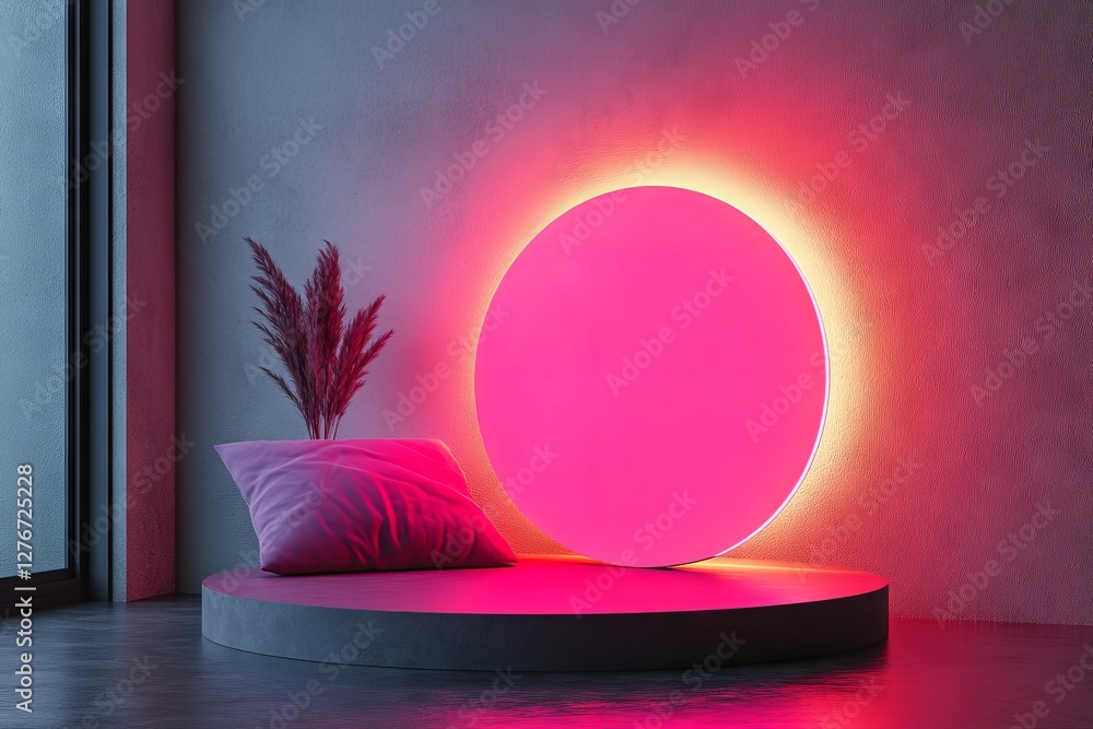 A simple red podium for Christmas product presentations. A round, colorful pedestal is situated on the studio floor, with 3D shading and top light. A red spotlight is featured in the background A simple red podium for Christmas product presentations. A round, colorful pedestal is situated on the studio floor, with 3D shading and top light. A red spotlight is featured in the background