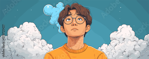 Young man with glasses dreaming among clouds in a blue sky. Vector