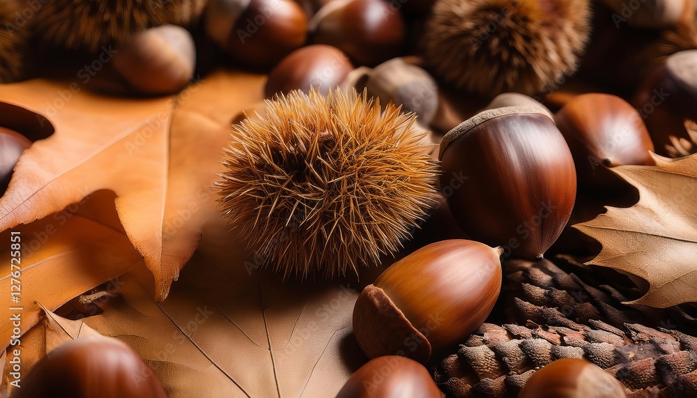 Autumn still life composition with chestnuts, acorns, and dry leaves Autumn still life composition with chestnuts, acorns, and dry leaves