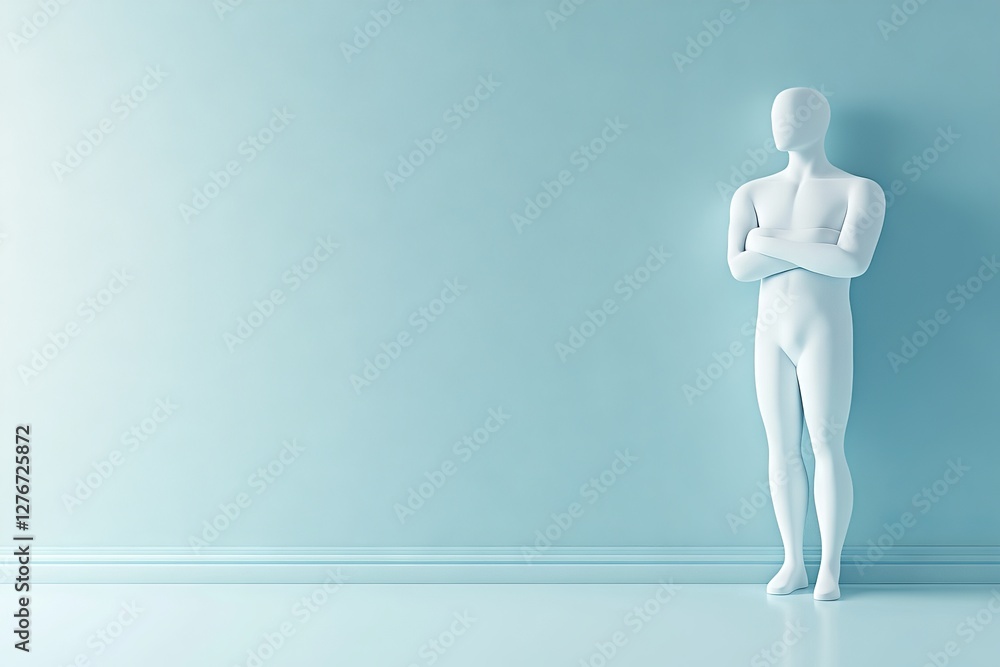 A figure, representing an introverted and shy person, is shown in a 3D illustration with arms folded, back to the wall, silently observing the surroundings, in a shy mood, without a visible face A figure, representing an introverted and shy person, is shown in a 3D illustration with arms folded, back to the wall, silently observing the surroundings, in a shy mood, without a visible face