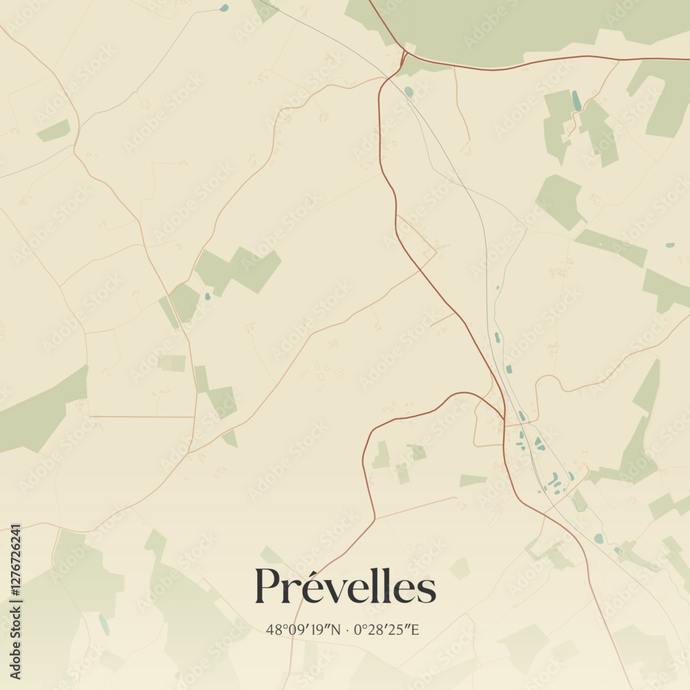 Fototapeta premium Vintage map of Prévelles, France.