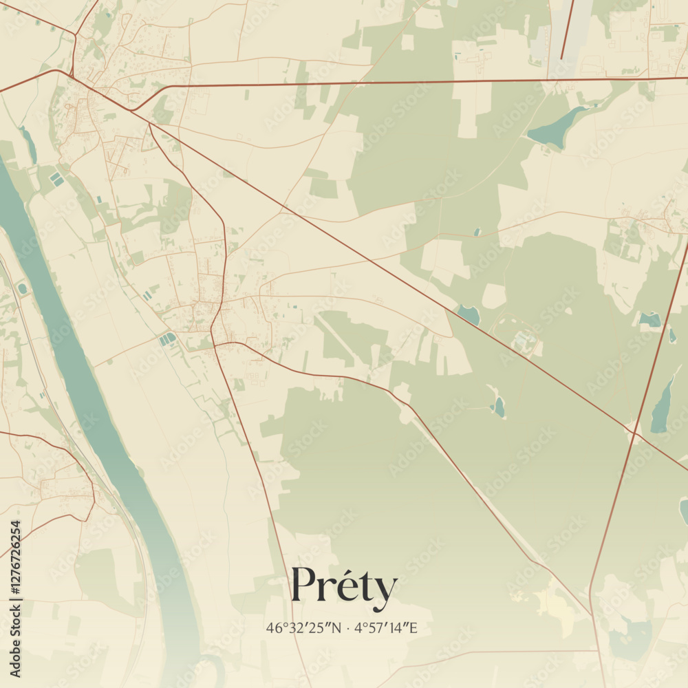 Fototapeta premium Vintage map of Préty, France.