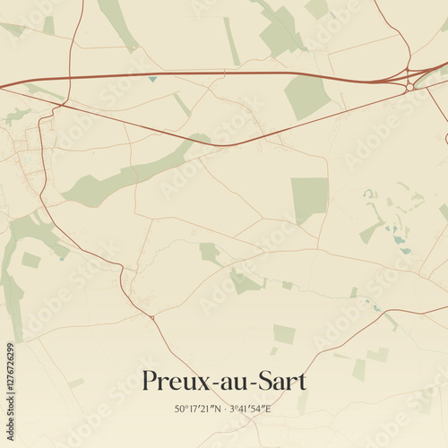 Vintage map of Preux-au-Sart, France.