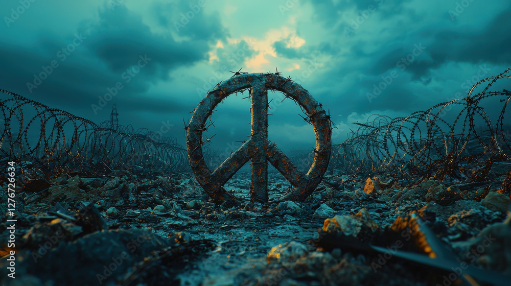 Fototapeta premium Broken peace symbol surrounded by barbed wire illustrates ongoing global conflicts in a dark and moody atmosphere