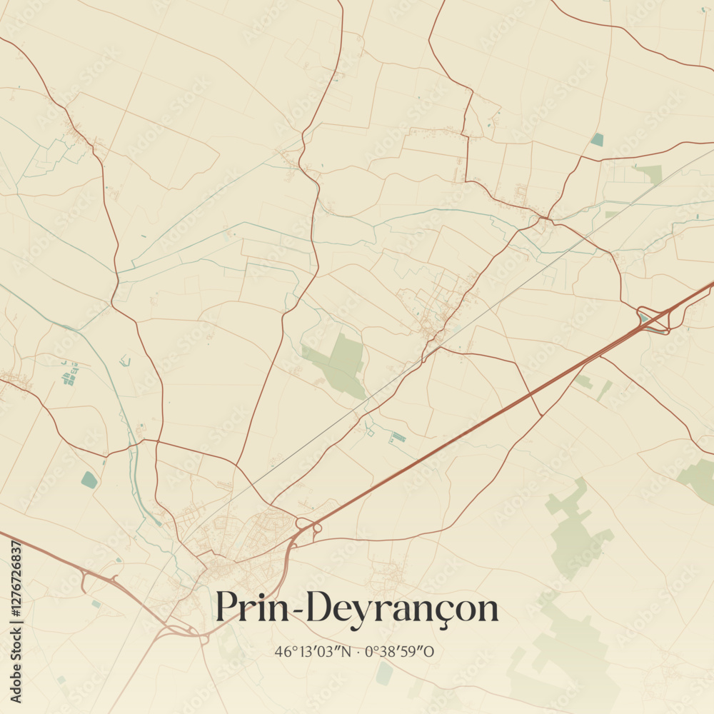 Fototapeta premium Vintage map of Prin-Deyrançon, France.