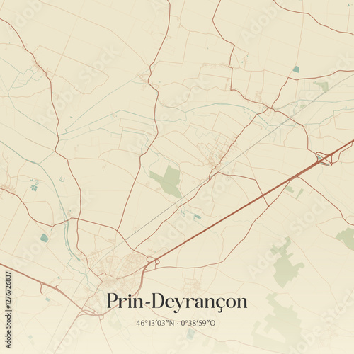 Vintage map of Prin-Deyrançon, France.