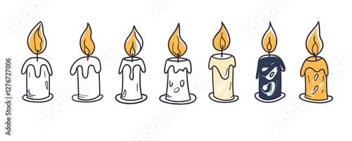 Colorful hand-drawn candles in a row with flickering flames on white background. Vector