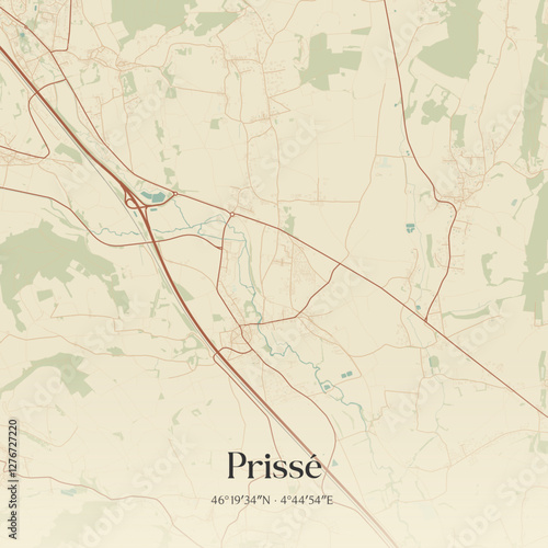 Vintage map of Prissé, France.