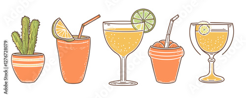 Assorted citrus cocktails and cactus plant in colorful glassware. Vector