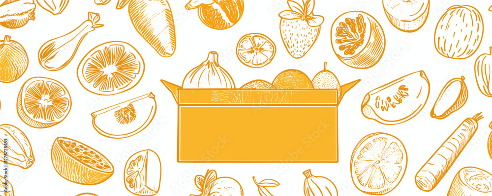 Hand-drawn fruits and vegetables with box illustration on white background. Vector Hand-drawn fruits and vegetables with box illustration on white background. Vector