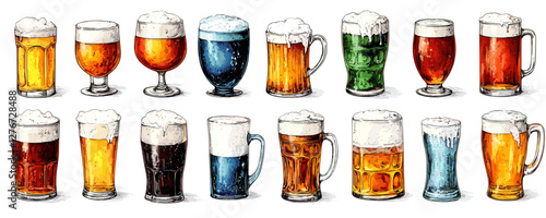 Various types of beers in different glasses with frothy heads in a row. Vector
