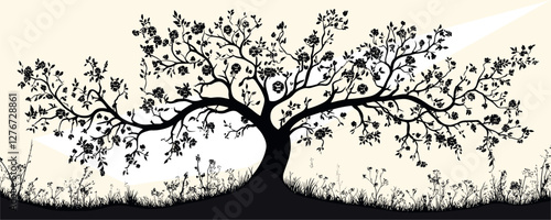 Silhouette of a sprawling tree with detailed branches and leaves against a light background. Vector