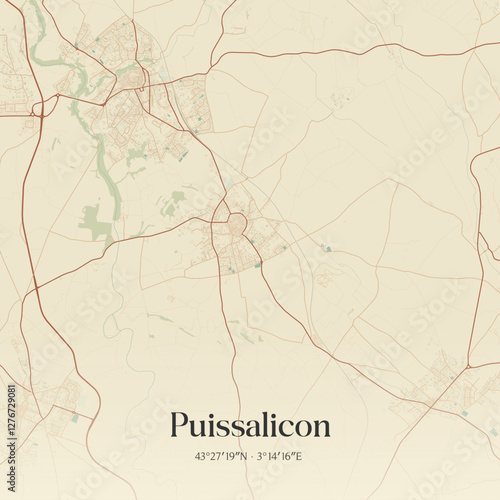 Vintage map of Puissalicon, France.