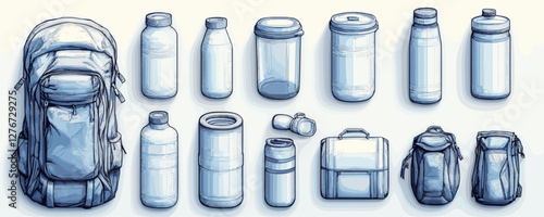 Variety of outdoor gear: backpacks, water bottles, and travel containers illustrated in blue. Vector