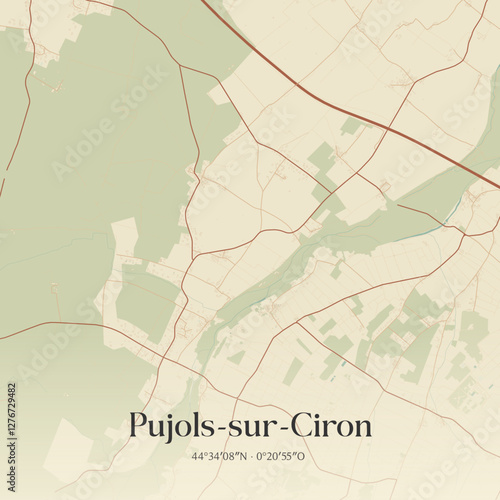 Vintage map of Pujols-sur-Ciron, France.
