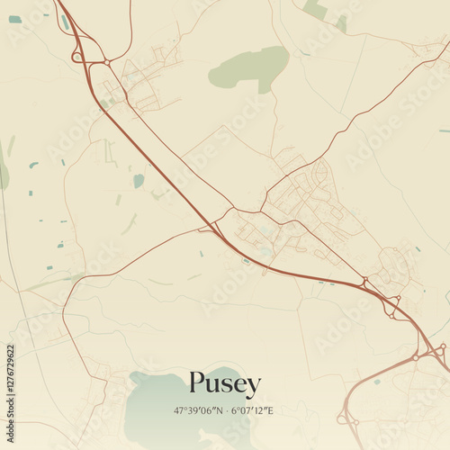 Vintage map of Pusey, France.
