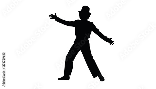 Dancing silhouette with top hat performing on white background