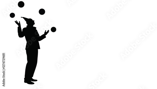 Juggler performing tricks in silhouette against white background