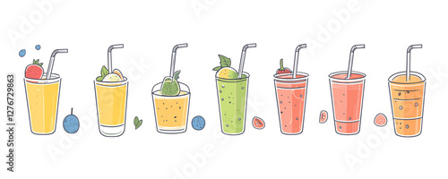 Colorful array of refreshing fruit smoothies in transparent cups with straws. Vector