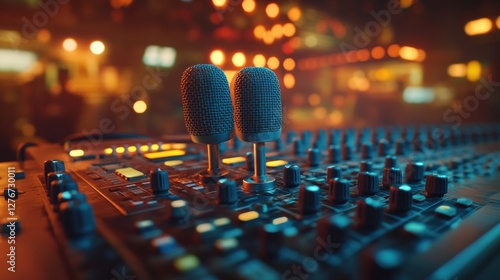 Nightclub soundboard with microphones, blurred background of crowd photo