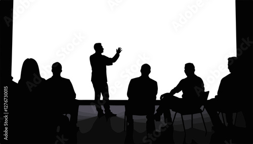 Speaker presenting to audience silhouette against white background
