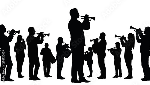 Silhouetted musicians playing trumpets against white background